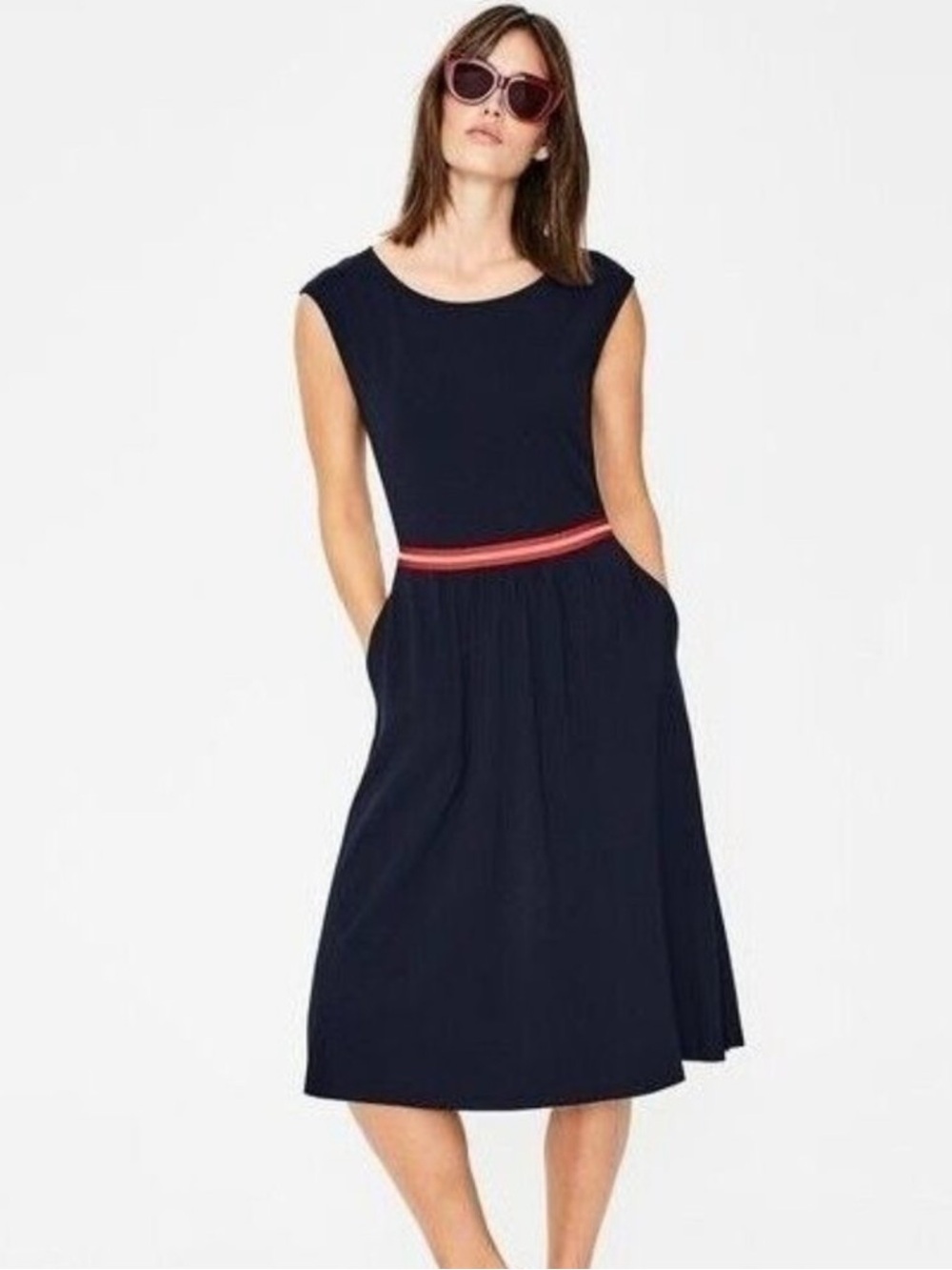 Boden Bernice Fit & Flare Jersey
Midi Dress Navy Stripe Pockets 12
Red Trim